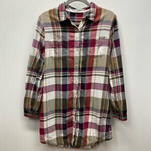 Gramicci Long Plaid Flannel Button Shirt Womens M Roll Tab Sleeve Organic Cotton